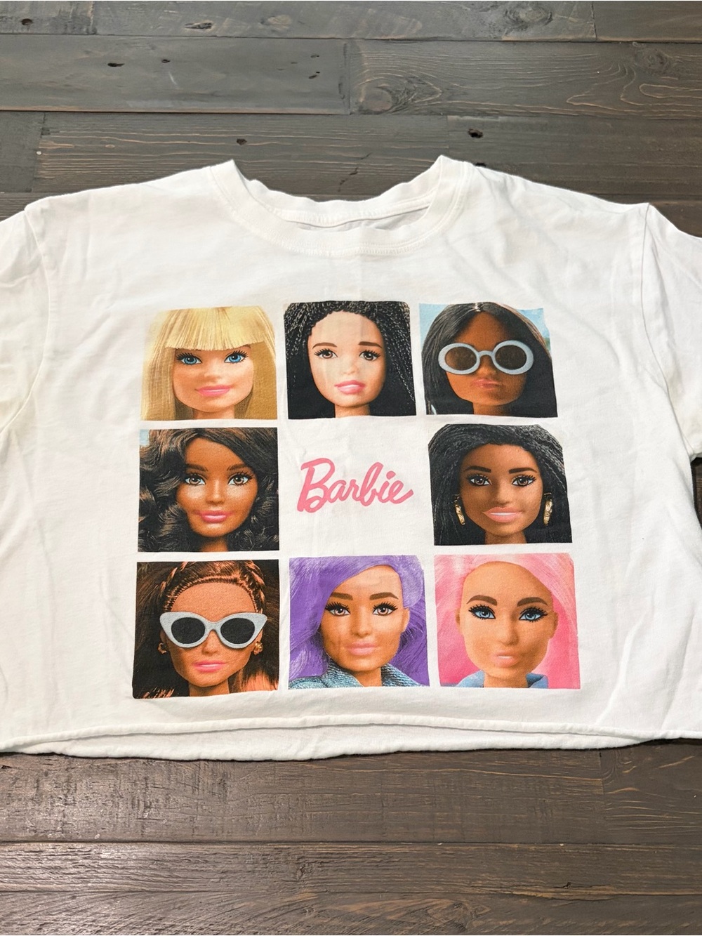 Barbie Mattel Women’s Small White Graphic Crop Tee Doll Faces Y2K 100% Cotton
